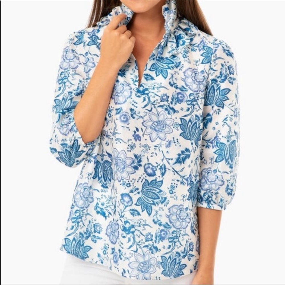 Tuckernuck Blue Chintz Floral Ruffle Neck Bouvier Top Shirt M EUC